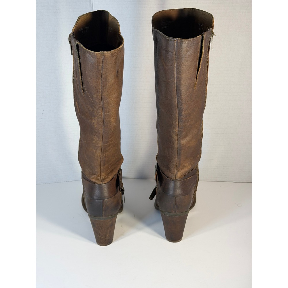 Born Crown Brown Leather Tall Knee High Buckle Moto Boots Block Heel Womens 8 - Picture 12 of 14